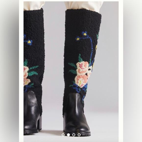 NWT Anthropologie Emily Isabella Black Leather Wool Flower Boots Size - Picture 5 of 15